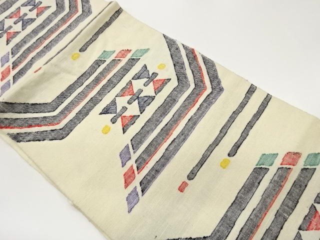 手織り紬幾何学模様織出し名古屋帯